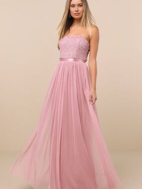 Lulus Lonica Mauve Sequin Beaded Strapless Maxi Dress Pink - Size M